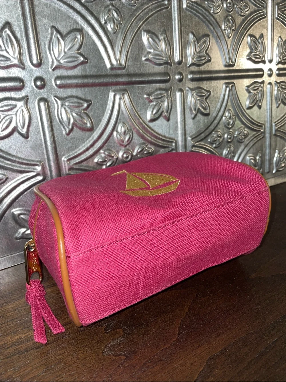 Spartina Pink Canvas Cosmetic travel Pouch with Gold Sailboat Embroidery